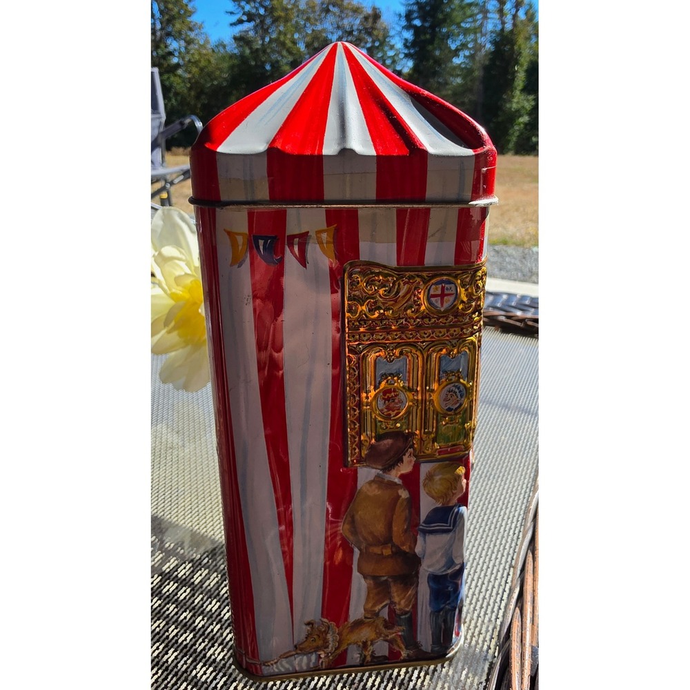 Vintage Churchill's Confectionery "The Puppet Show" Embossed Tin Bank